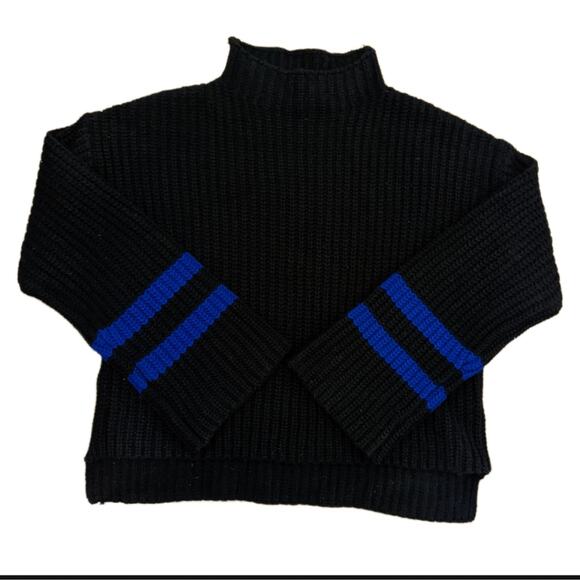 Scripted Mock Neck, Chunky Knit, Ribbed High Lo Cropped Striped Sweater - Picture 1 of 4
